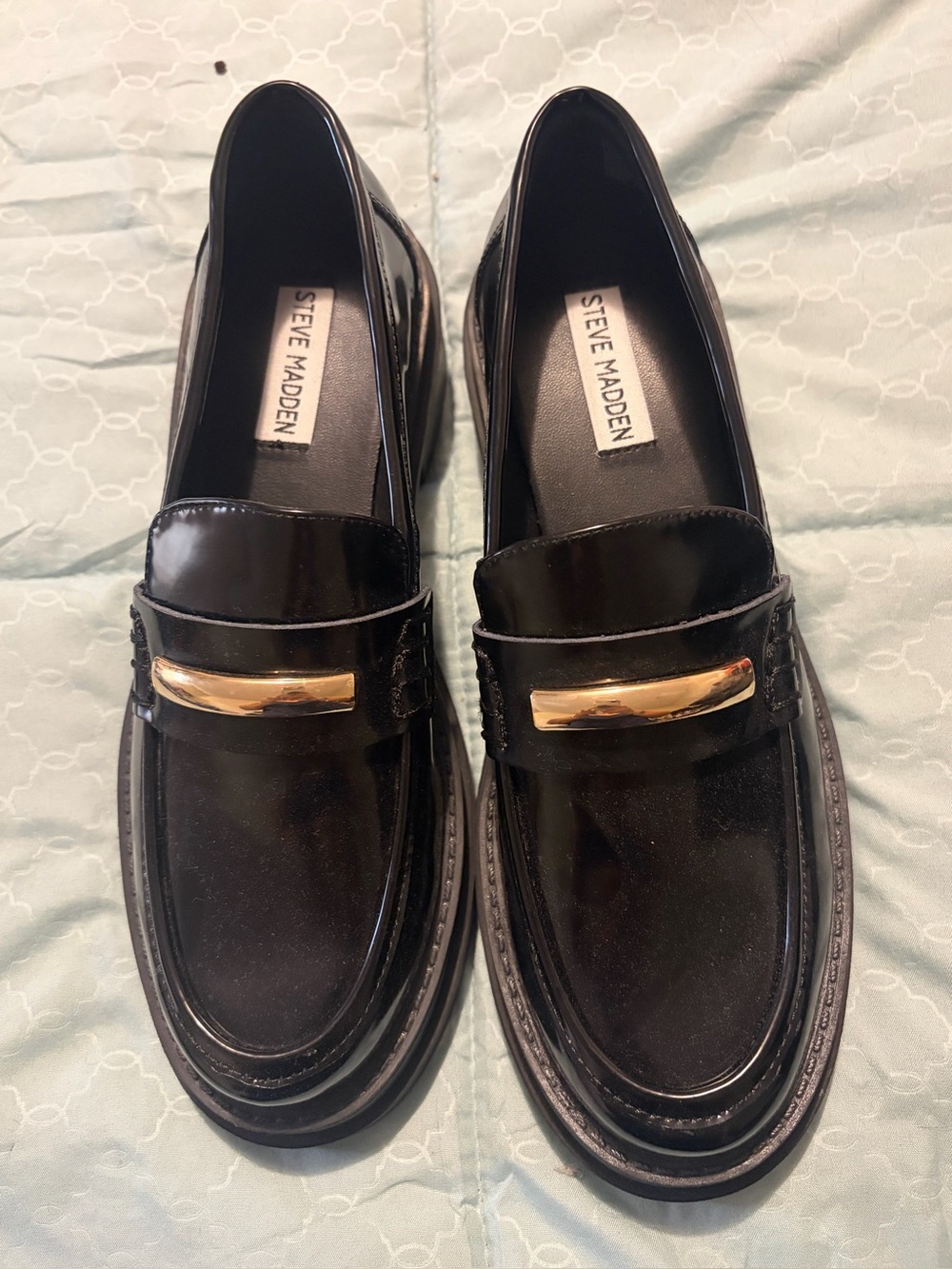 Steve Madden Black Loafers with Gold Accent Bar